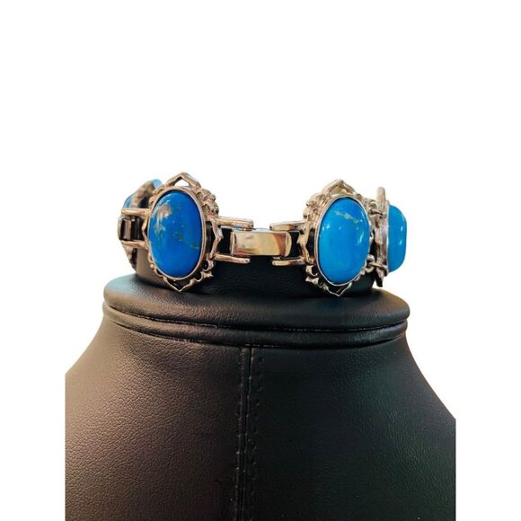 JBK Signed Faux Turquoise Link Bracelet Jacqueline Kennedy 1980s 7-8.2" Adjustab - Picture 9 of 16